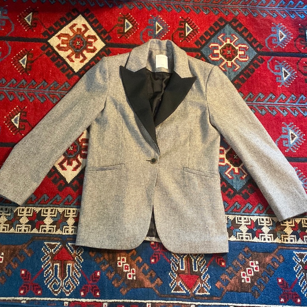 SANDRO Paris Blazer EU 38 Single Breasted Houndstooth Wool Blend Peak Lapel
